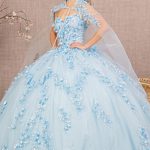 3D Flower Applique Glitter w/ Detachable Mesh Long Sleeves Quinceanera Dress GLGL3103