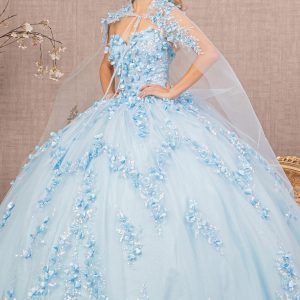 3D Flower Applique Glitter w/ Detachable Mesh Long Sleeves Quinceanera Dress GLGL3103