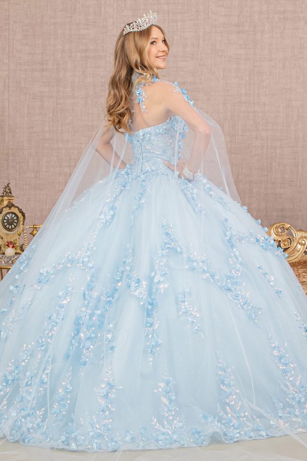 3D Flower Applique Glitter w/ Detachable Mesh Long Sleeves Quinceanera Dress GLGL3103 - Image 2