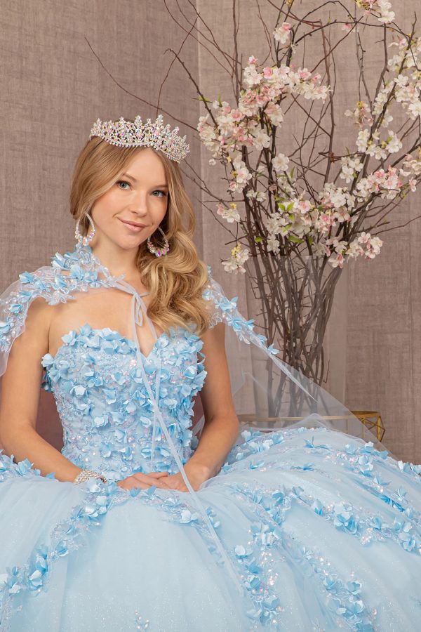 3D Flower Applique Glitter w/ Detachable Mesh Long Sleeves Quinceanera Dress GLGL3103 - Image 3