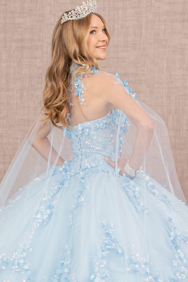 3D Flower Applique Glitter w/ Detachable Mesh Long Sleeves Quinceanera Dress GLGL3103 - Image 4
