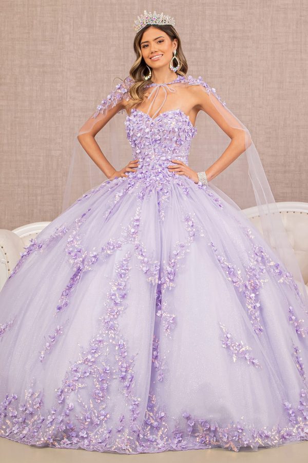3D Flower Applique Glitter w/ Detachable Mesh Long Sleeves Quinceanera Dress GLGL3103 - Image 9