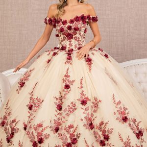 3D Flower Embroidery Off Shoulder Mesh Quinceanera Dress GLGL3105