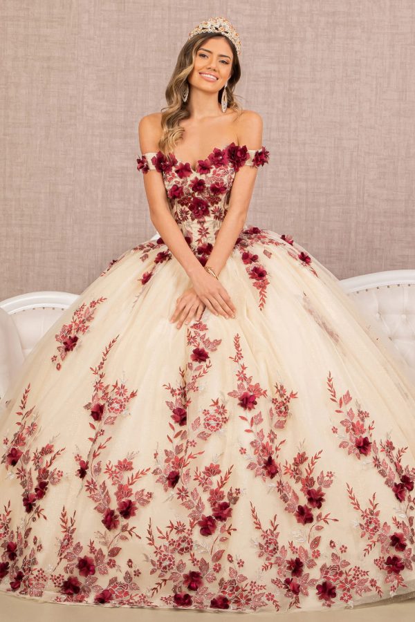 3D Flower Embroidery Off Shoulder Mesh Quinceanera Dress GLGL3105 - Image 3