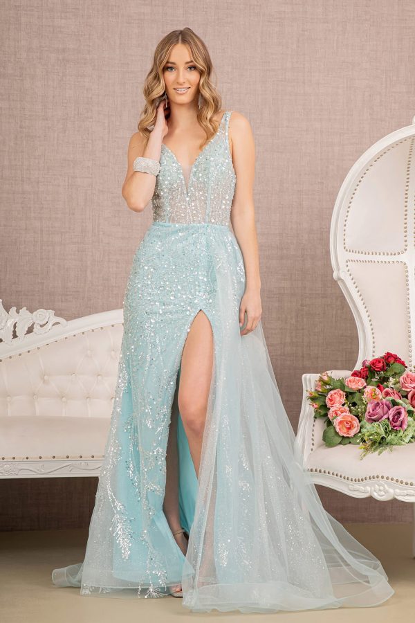 Sequin Sheer Bodice Mermaid w/ Side Long Mesh Layer Long Prom Dress GLGL3119 - Image 7