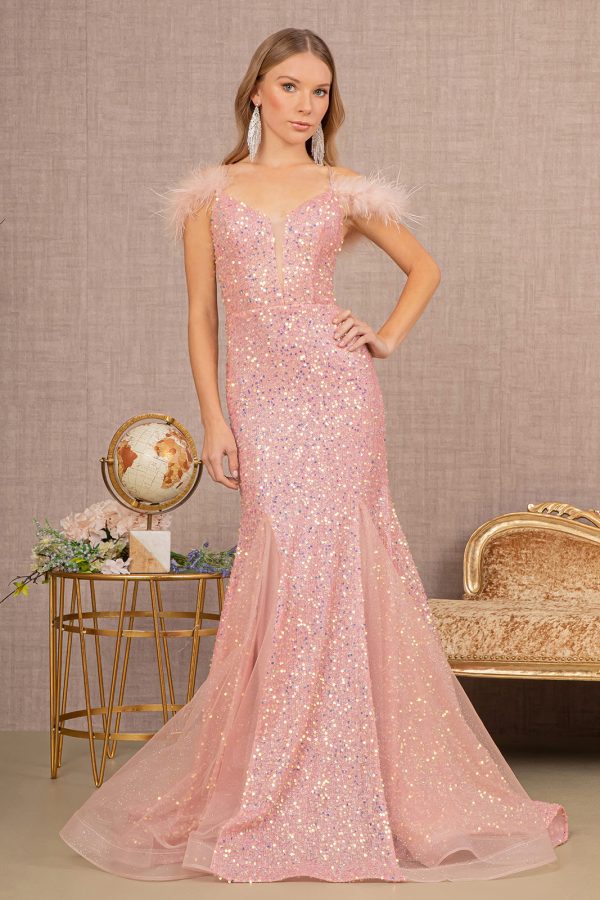 Sheer Bodice Sequin Glitter Trumpet w/ Feather on Straps Long Prom Dress GLGL3130 - Image 22