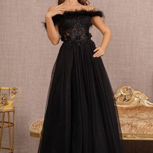 Embroidery Sheer Front Mesh A-line w/ Feather Embellishment Long Prom Dress  GLGL3138