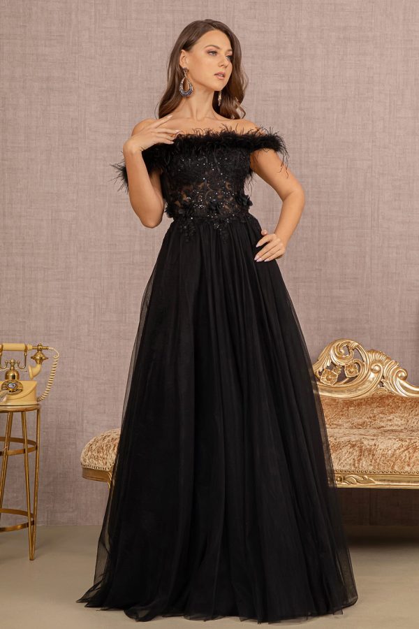 Embroidery Sheer Front Mesh A-line w/ Feather Embellishment Long Prom Dress  GLGL3138 - Image 12