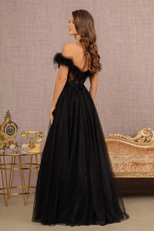 Embroidery Sheer Front Mesh A-line w/ Feather Embellishment Long Prom Dress  GLGL3138 - Image 2