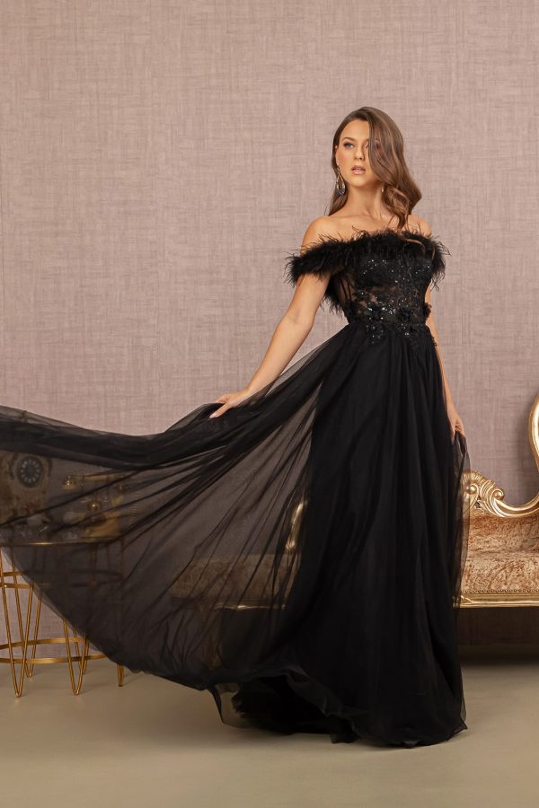 Embroidery Sheer Front Mesh A-line w/ Feather Embellishment Long Prom Dress  GLGL3138 - Image 3