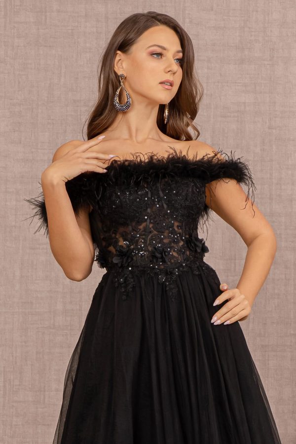 Embroidery Sheer Front Mesh A-line w/ Feather Embellishment Long Prom Dress  GLGL3138 - Image 4