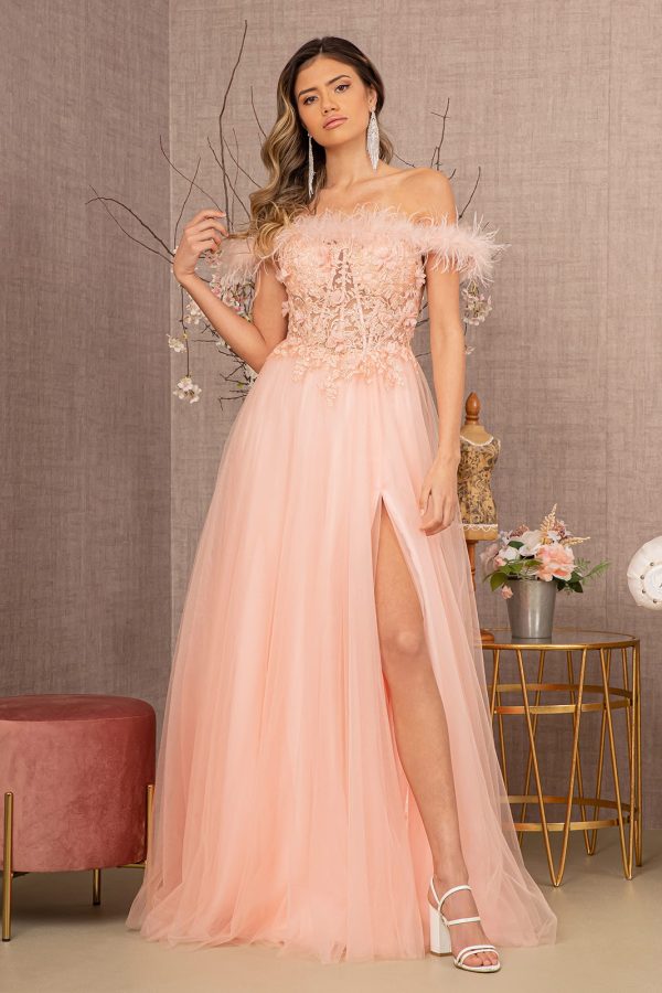 Embroidery Sheer Front Mesh A-line w/ Feather Embellishment Long Prom Dress  GLGL3138 - Image 15