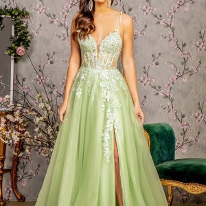 3D Butterfly Sheer Corset Bodice Mesh A-line Long Prom Dress GLGL3212