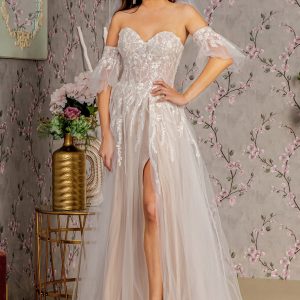 Sheer Bodice Mesh A-line w/ Detachable Short Sleeves Long Wedding Dress GLGL3427
