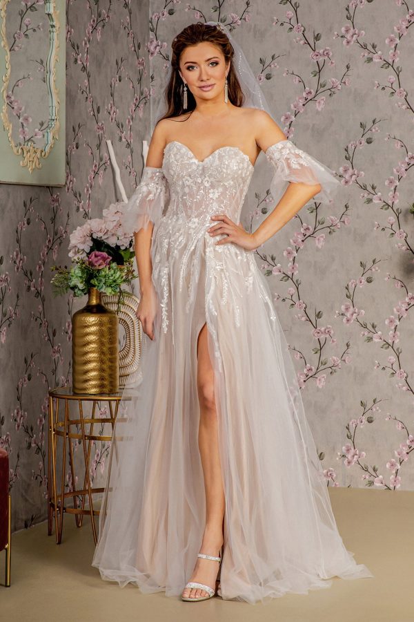 Sheer Bodice Mesh A-line w/ Detachable Short Sleeves Long Wedding Dress GLGL3427 - Image 9