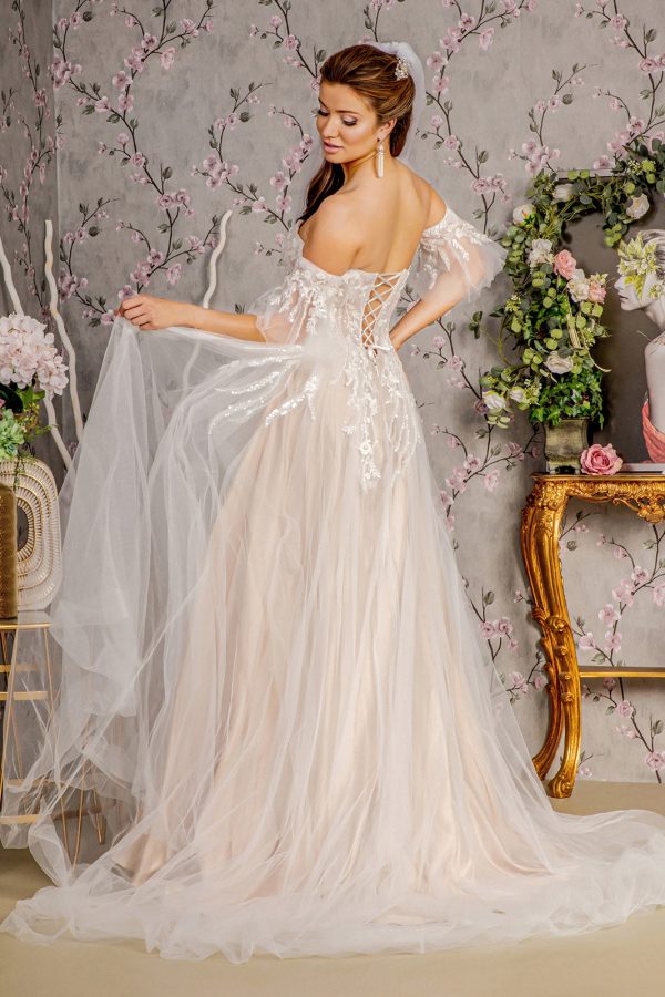 Sheer Bodice Mesh A-line w/ Detachable Short Sleeves Long Wedding Dress GLGL3427 - Image 2