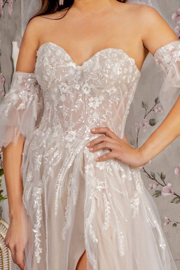 Sheer Bodice Mesh A-line w/ Detachable Short Sleeves Long Wedding Dress GLGL3427 - Image 3