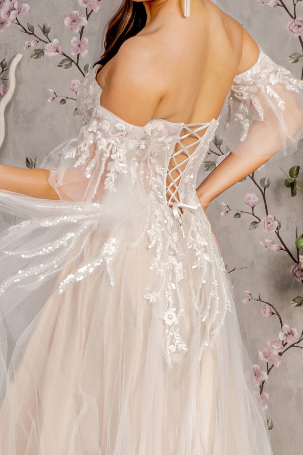 Sheer Bodice Mesh A-line w/ Detachable Short Sleeves Long Wedding Dress GLGL3427 - Image 4