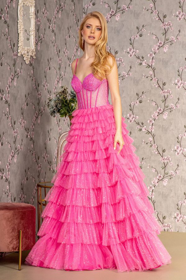 Glitter Sheer Corset Bodice Ruffled Skirt Mesh A-line Long Prom Dress GLGL3463 - Image 6
