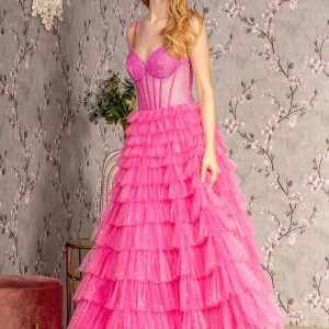 Glitter Sheer Corset Bodice Ruffled Skirt Mesh A-line Long Prom Dress GLGL3463