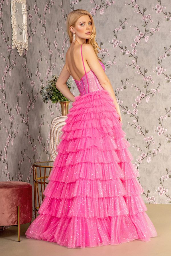 Glitter Sheer Corset Bodice Ruffled Skirt Mesh A-line Long Prom Dress GLGL3463 - Image 2