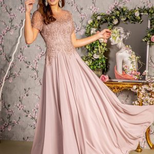 Bead Embroidery Sheer Short Sleeves A-line Mesh Long Mother Of The Bride Dress GLGL3492
