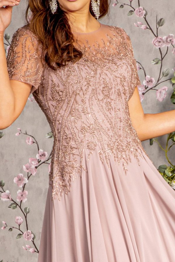 Bead Embroidery Sheer Short Sleeves A-line Mesh Long Mother Of The Bride Dress GLGL3492 - Image 3
