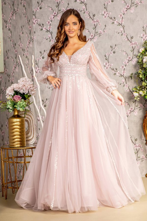 Bead Sequin Mesh A-line w/ Sheer Puff Sleeves Long Mother Of The Bride Dress GLGL3495 - Image 6