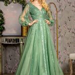 Bead Sequin Mesh A-line w/ Sheer Puff Sleeves Long Mother Of The Bride Dress GLGL3495