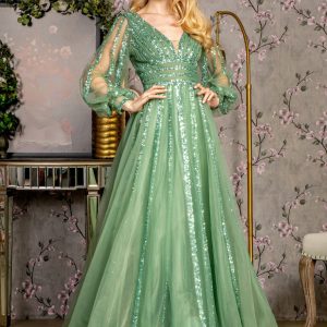 Bead Sequin Mesh A-line w/ Sheer Puff Sleeves Long Mother Of The Bride Dress GLGL3495