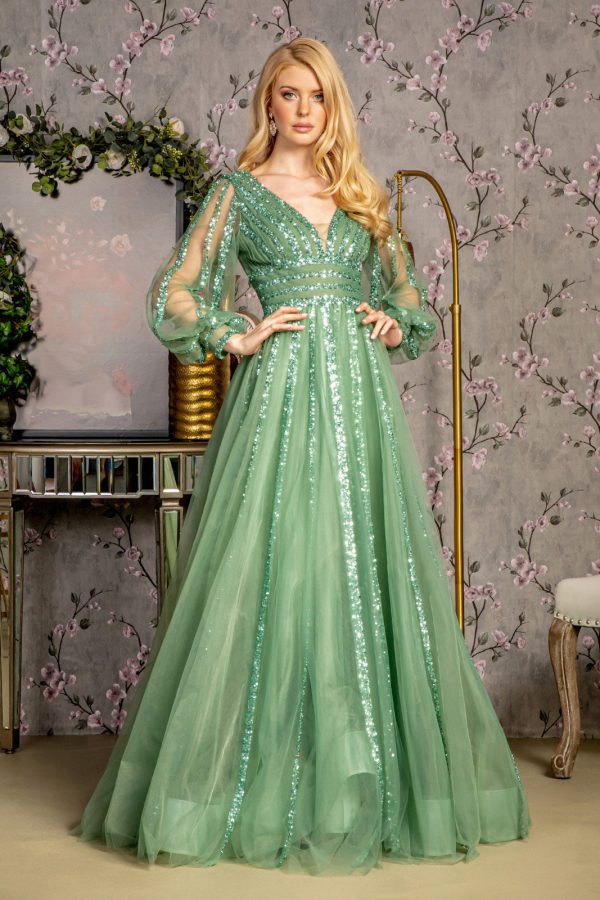 Bead Sequin Mesh A-line w/ Sheer Puff Sleeves Long Mother Of The Bride Dress GLGL3495 - Image 15