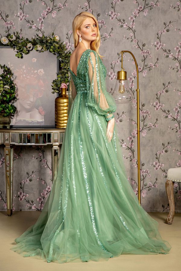 Bead Sequin Mesh A-line w/ Sheer Puff Sleeves Long Mother Of The Bride Dress GLGL3495 - Image 2
