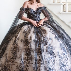 3D Floral Applique Glitter Pattern Embellished Mesh Long Quinceanera Dress GLGL3500
