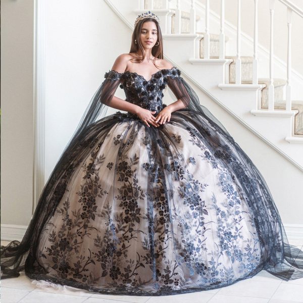 3D Floral Applique Glitter Pattern Embellished Mesh Long Quinceanera Dress GLGL3500 - Image 3