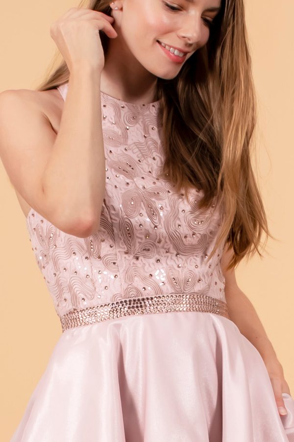 Sequin and Rhinestone Bodice Satin /w Side Pockets Short Homecoming Dress GLGS1603 - Image 3