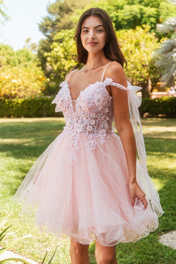 3D Flower and Embroidery Embellished Glitter Mesh Homecoming Dress Lace-Up Back GLGS3513 - Image 2