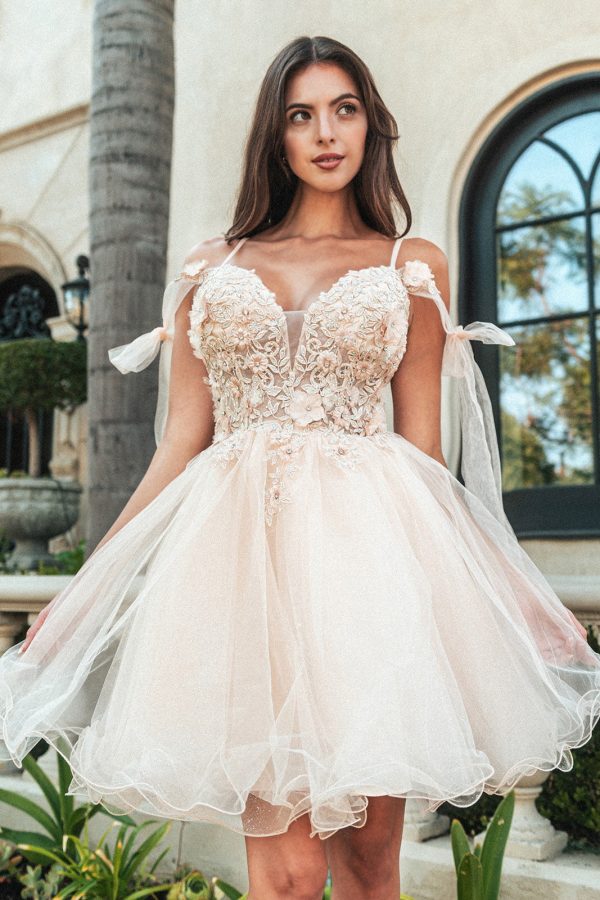 3D Flower and Embroidery Embellished Glitter Mesh Homecoming Dress Lace-Up Back GLGS3513 - Image 3