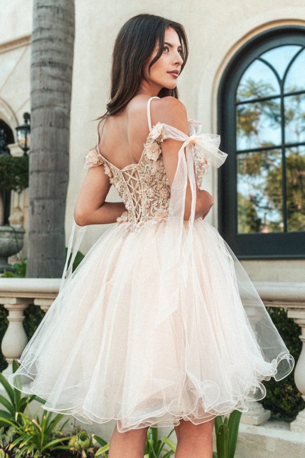 3D Flower and Embroidery Embellished Glitter Mesh Homecoming Dress Lace-Up Back GLGS3513 - Image 4