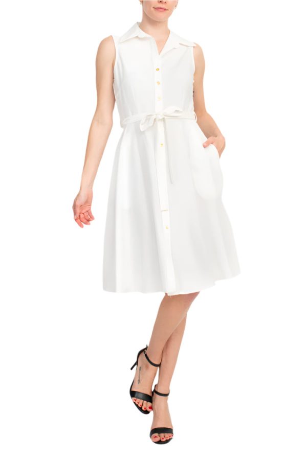 Sharagano Collared Sleeveless Tie Waist Solid A-Line Rayon Dress - Image 14