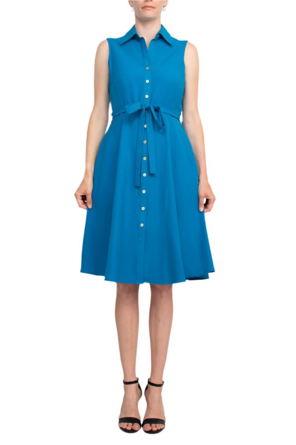 Sharagano Collared Sleeveless Tie Waist Solid A-Line Rayon Dress - Image 21