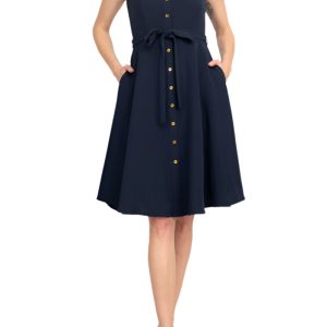 Sharagano Collared Sleeveless Tie Waist Solid A-Line Rayon Dress