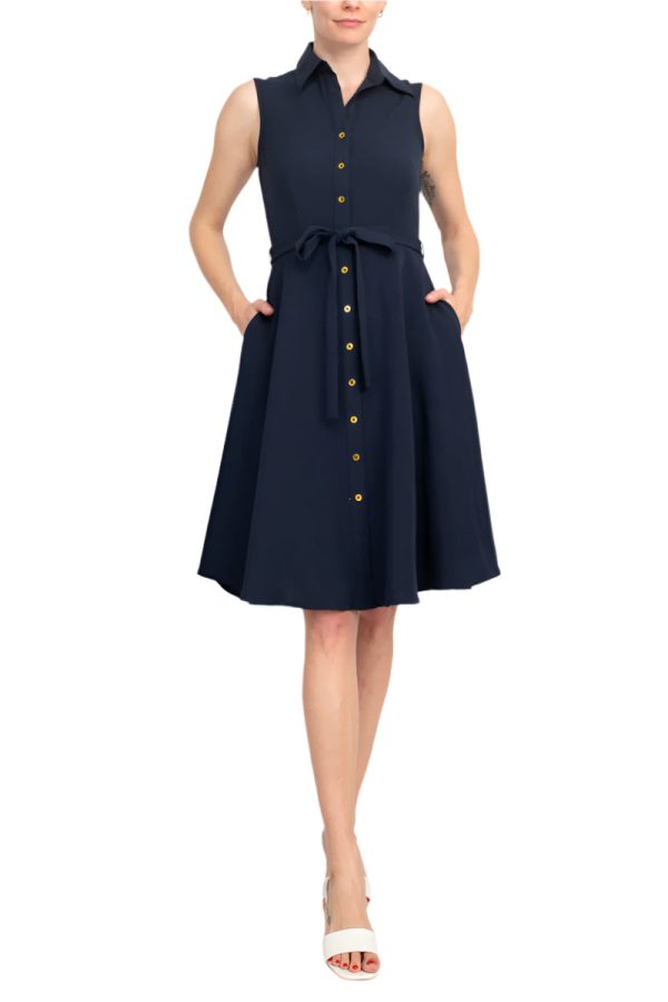 Sharagano Collared Sleeveless Tie Waist Solid A-Line Rayon Dress - Image 12