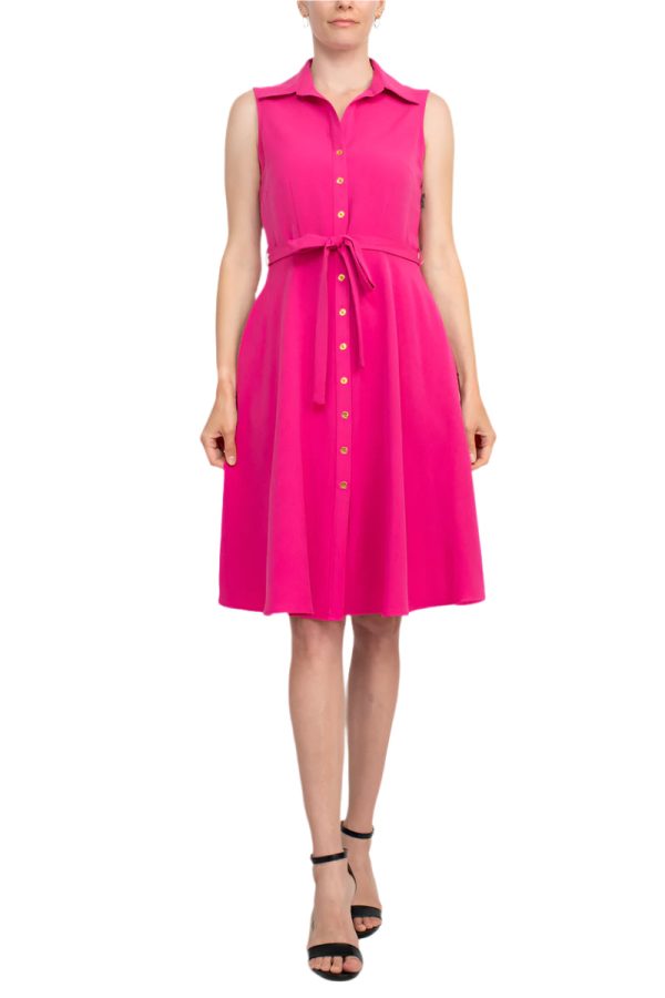 Sharagano Collared Sleeveless Tie Waist Solid A-Line Rayon Dress - Image 4