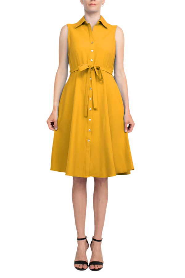 Sharagano Collared Sleeveless Tie Waist Solid A-Line Rayon Dress - Image 23