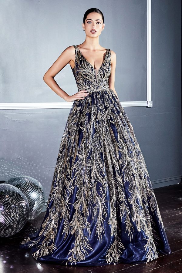 Floral Glitter Print Appliqué V-neck Pointy Open Back Bodice Long Prom & Ball Dress CDJ812 - Image 3