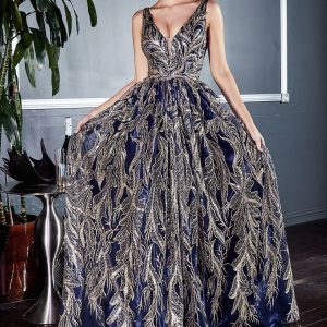 Floral Glitter Print Appliqué V-neck Pointy Open Back Bodice Long Prom & Ball Dress CDJ812