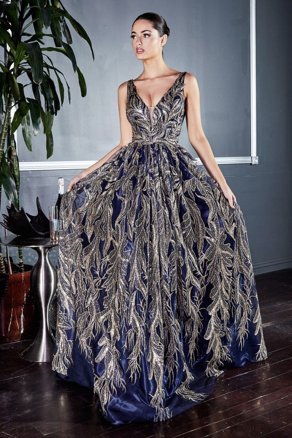 Floral Glitter Print Appliqué V-neck Pointy Open Back Bodice Long Prom & Ball Dress CDJ812