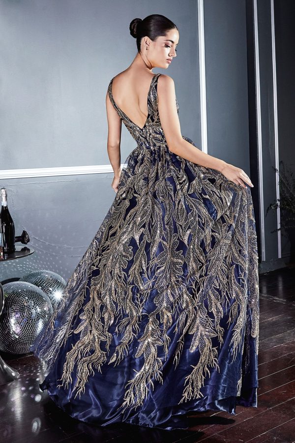 Floral Glitter Print Appliqué V-neck Pointy Open Back Bodice Long Prom & Ball Dress CDJ812 - Image 2