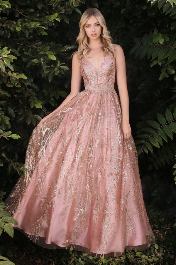 Floral Glitter Print Appliqué V-neck Pointy Open Back Bodice Long Prom & Ball Dress CDJ812 - Image 4