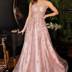 Glitter Print Applique Sequined A-Line Straigt Across Open Back Long Prom & Bridesmaid Dress CDJ840